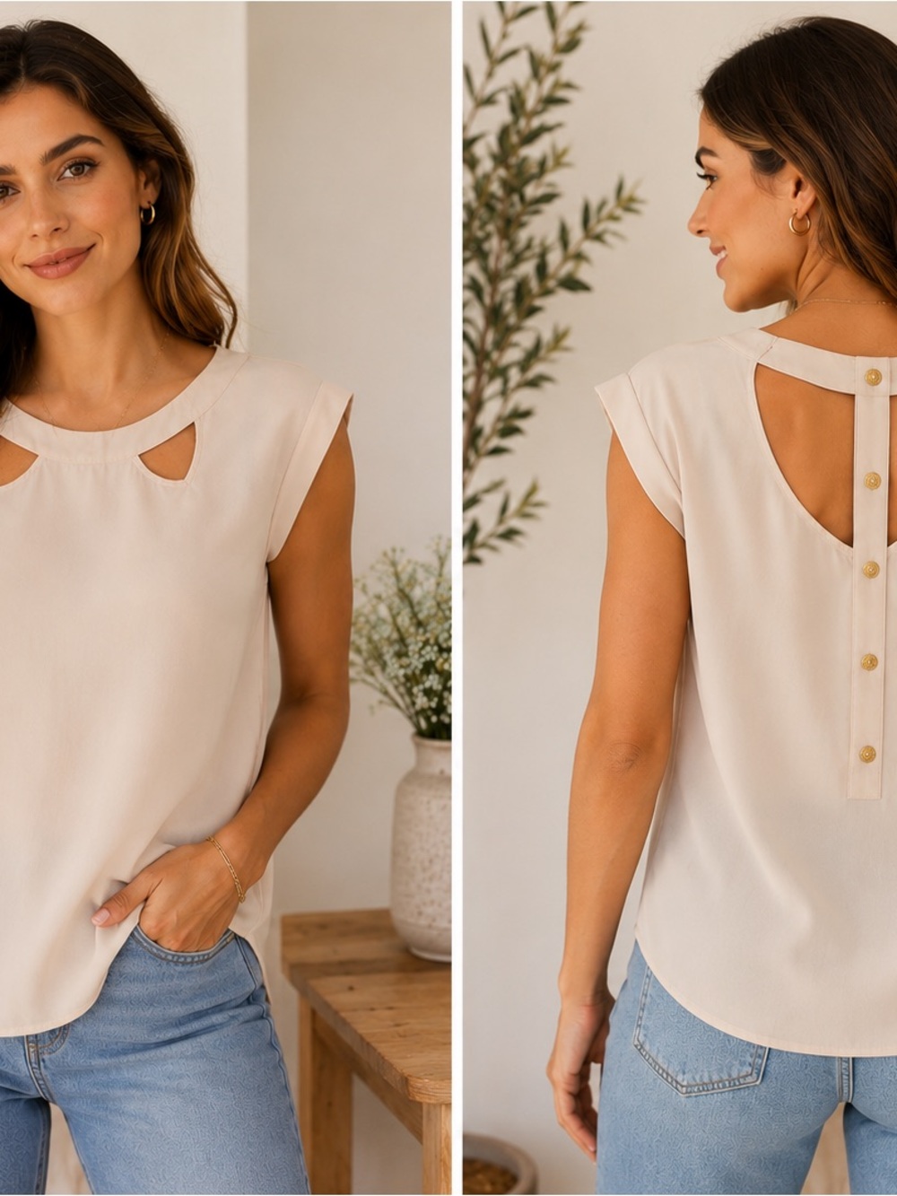 Sleeveless Cream Keyhole Back-Button Blouse